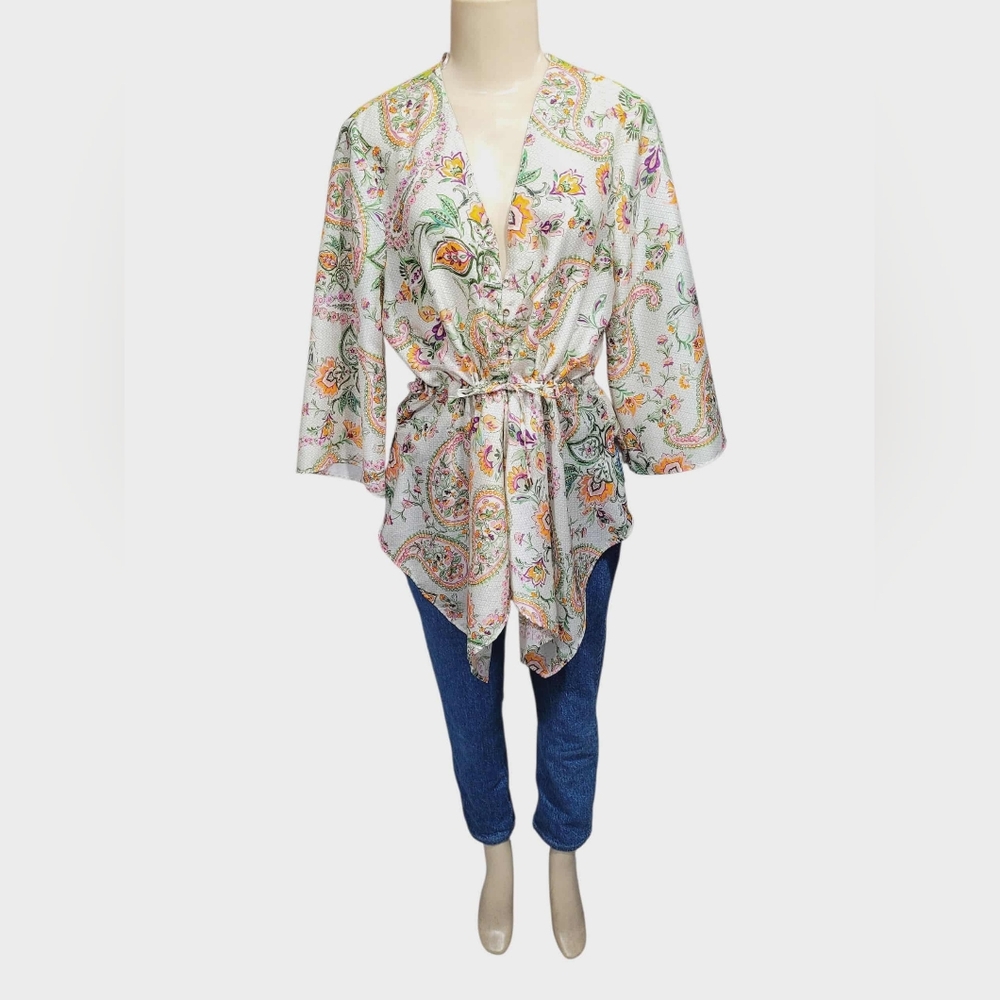 Zara Woman Size S Paisley Floral Boho Tunic Top Tie Waist Handkerchief Hem